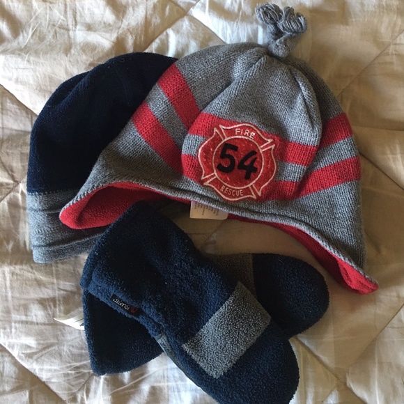 Gymboree Fire Rescue hat, The Children's Place hat, and Land's End mittens - Picture 1 of 11